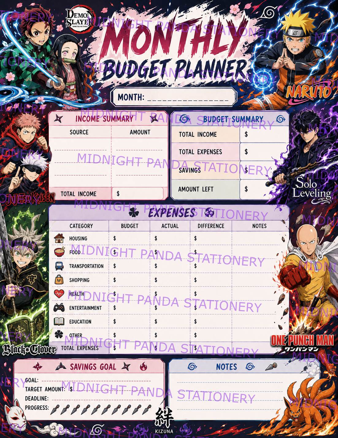 Anime Legends Monthly Budget Planner Notepad