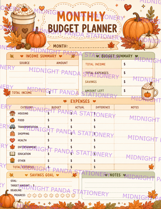 Autumn Monthly Budget Planner Notepad