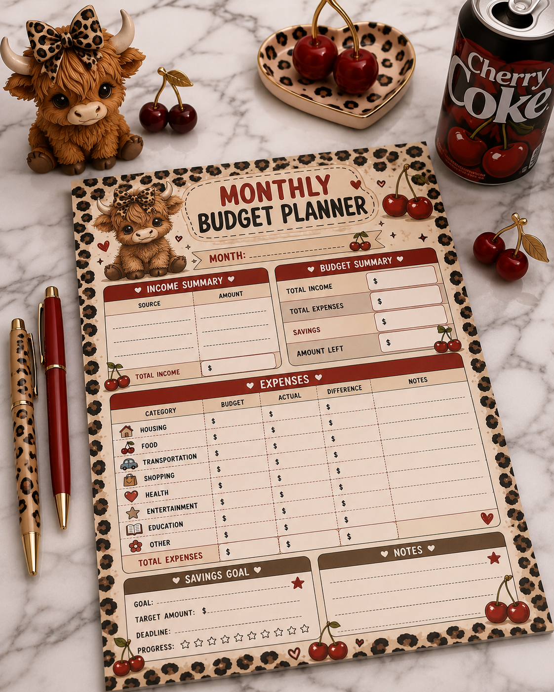 Cherry Highland Cow Monthly Budget Planner
