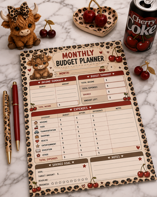 Cherry Highland Cow Monthly Budget Planner