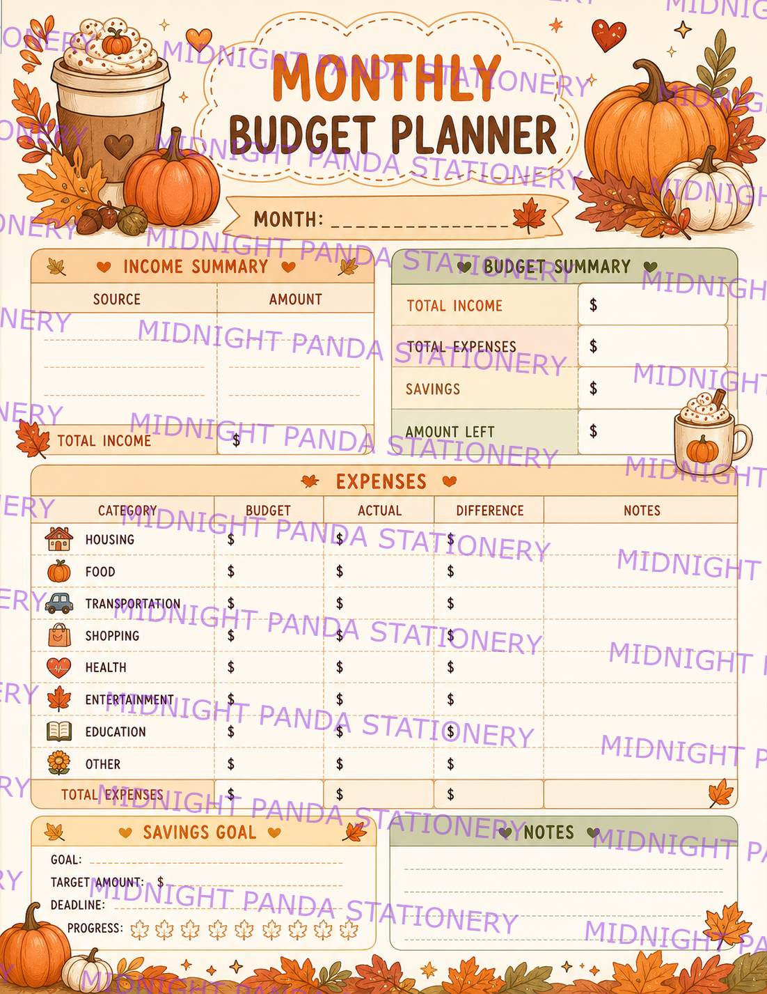 Autumn Monthly Budget Planner Notepad
