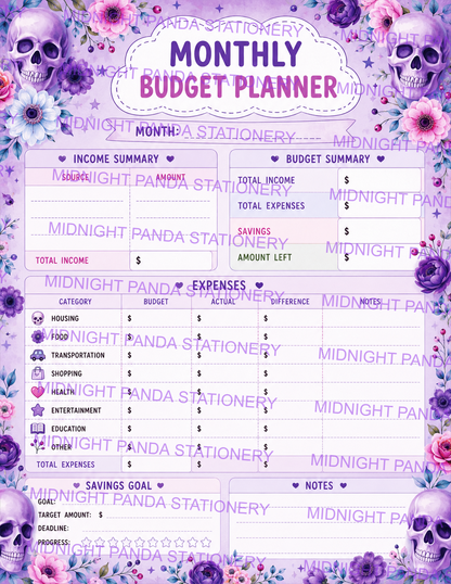 Floral Skull Monthly Budget Planner