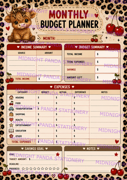 Cherry Highland Cow Monthly Budget Planner
